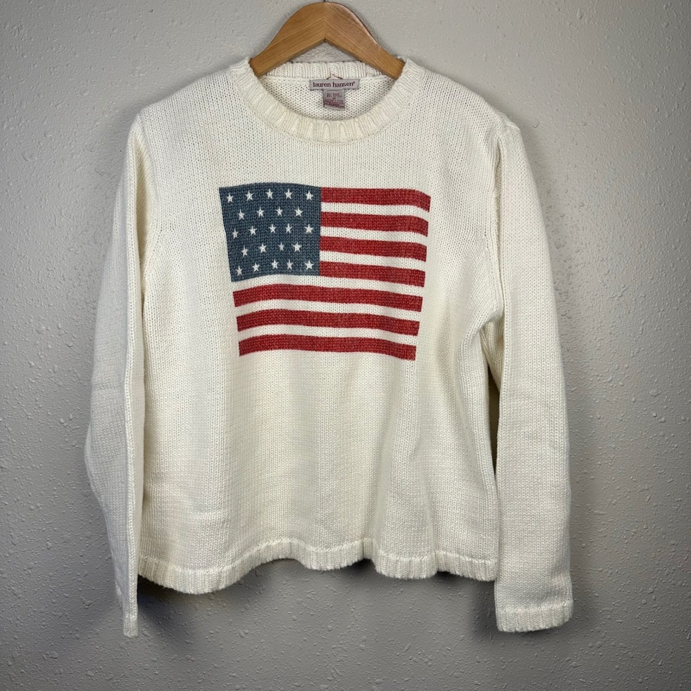 Lauren Hansen Womens M Sweater White Knit American Flag Novelty Thick Heavy Boho